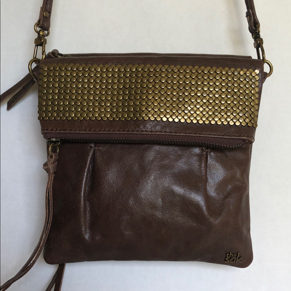 The Sak Brown Distressed Leather Studded Crossbody